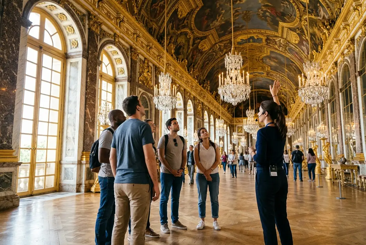 Guide francophone commentant la Galerie des Glaces du château de Versailles devant un petit groupe de visiteurs attentifs, lumière dorée sur les miroirs