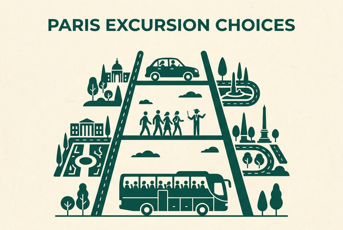 Infographie simple comparant trois formats de visite guidée du château de Versailles selon la durée et le mode de transport inclus, icônes génériques de train, car et guide, style plat minimaliste, aucun texte hormis des étiquettes génériques