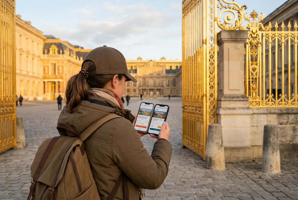 ノートパソコンでベルトラとGetYourGuideの予約画面を見比べる旅行者、パリのアパートの窓際のテーブル、午後の柔らかい光、ベルサイユ宮殿ツアー予約サイト比較