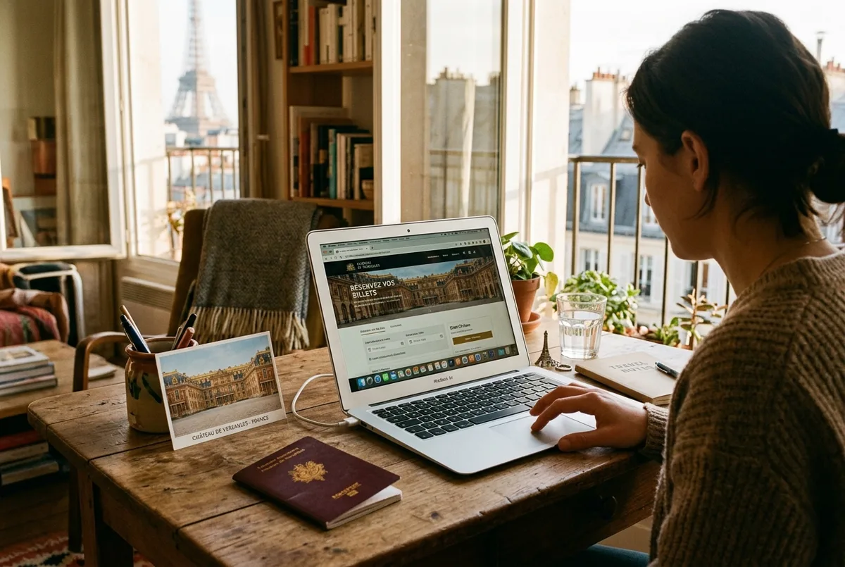Voyageur réservant sa visite du château de Versailles sur un ordinateur portable à un bureau d'appartement parisien, carte postale du château et passeport posés à côté