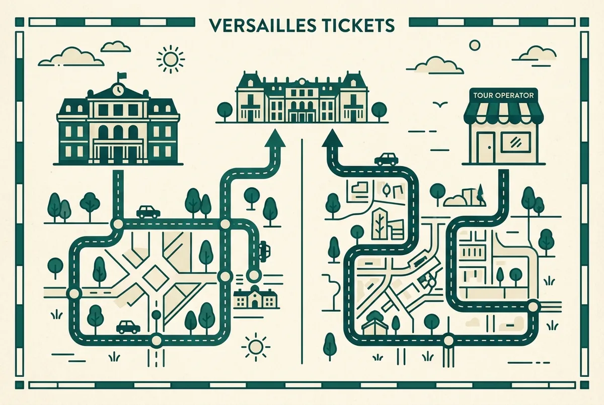 Infographie simple comparant deux chemins pour réserver un billet château de Versailles, une icône pour le site officiel du château et une pour une offre d'opérateur touristique, style minimaliste plat, aucun texte hormis des étiquettes génériques