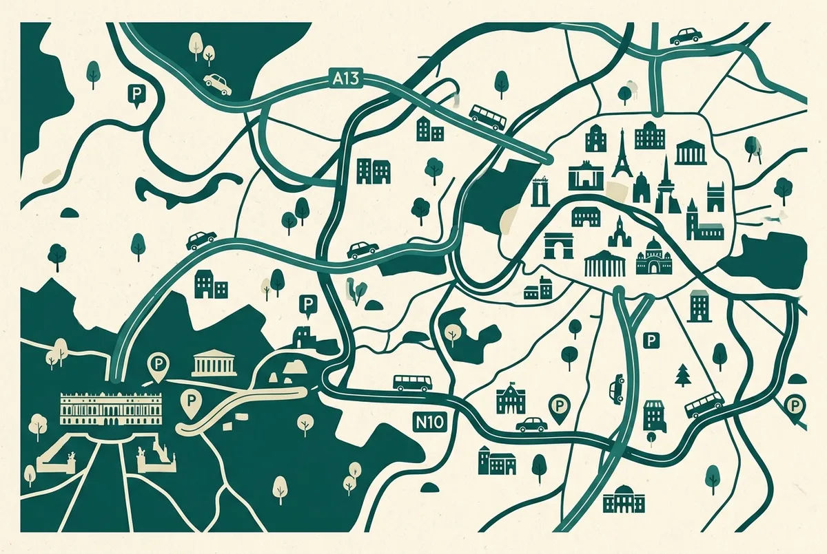 Carte schématique simple de l'accès routier au parking Place d'Armes devant le château de Versailles depuis l'autoroute, pictogrammes génériques de voiture et de château, style plat minimaliste, aucun texte hormis des étiquettes génériques de lieux