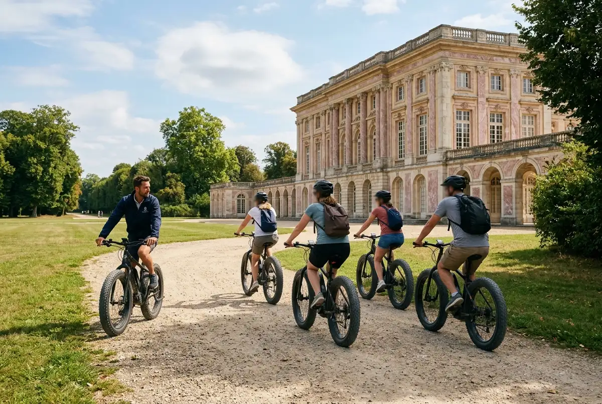 Small group on fat tire bicycles riding a gravel path past the Grand Trianon at Versailles with a guide leading, midday light, fat tire bike tour versailles