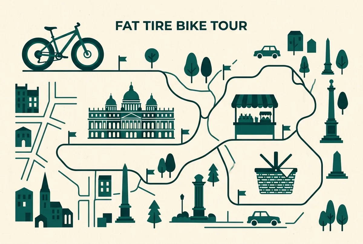 Simple infographic showing a bicycle icon with small route markers for a palace, a market stall and a picnic basket along a path outline, flat minimalist style, generic labels only, fat tire bike tour versailles route concept