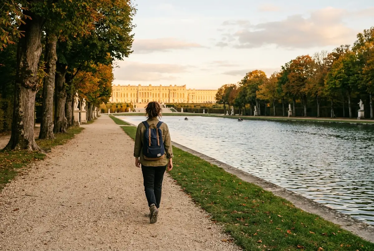 Traveler walking the Grand Canal path at Versailles in late afternoon light with the palace visible in the distance, full day versailles tour pacing