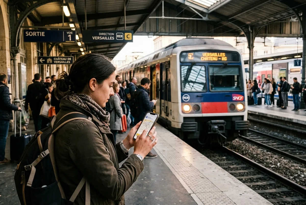 Viajero consultando un mapa junto a un andén de la línea RER C en una estación de París camino del Palacio de Versalles, mañana despejada