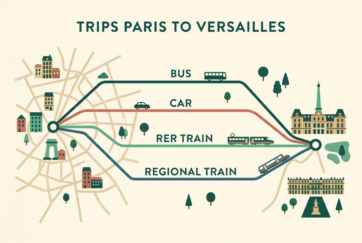 Mapa sencillo tipo infografía mostrando la ubicación del Palacio de Versalles respecto al centro de París, con un icono de tren marcando la línea RER C entre ambos puntos, estilo plano, sin texto salvo etiquetas genéricas