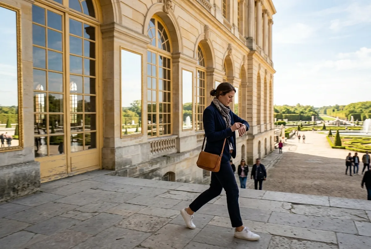 Traveler glancing at a watch while walking briskly past the Hall of Mirrors windows at the Palace of Versailles, versailles half day tour pacing