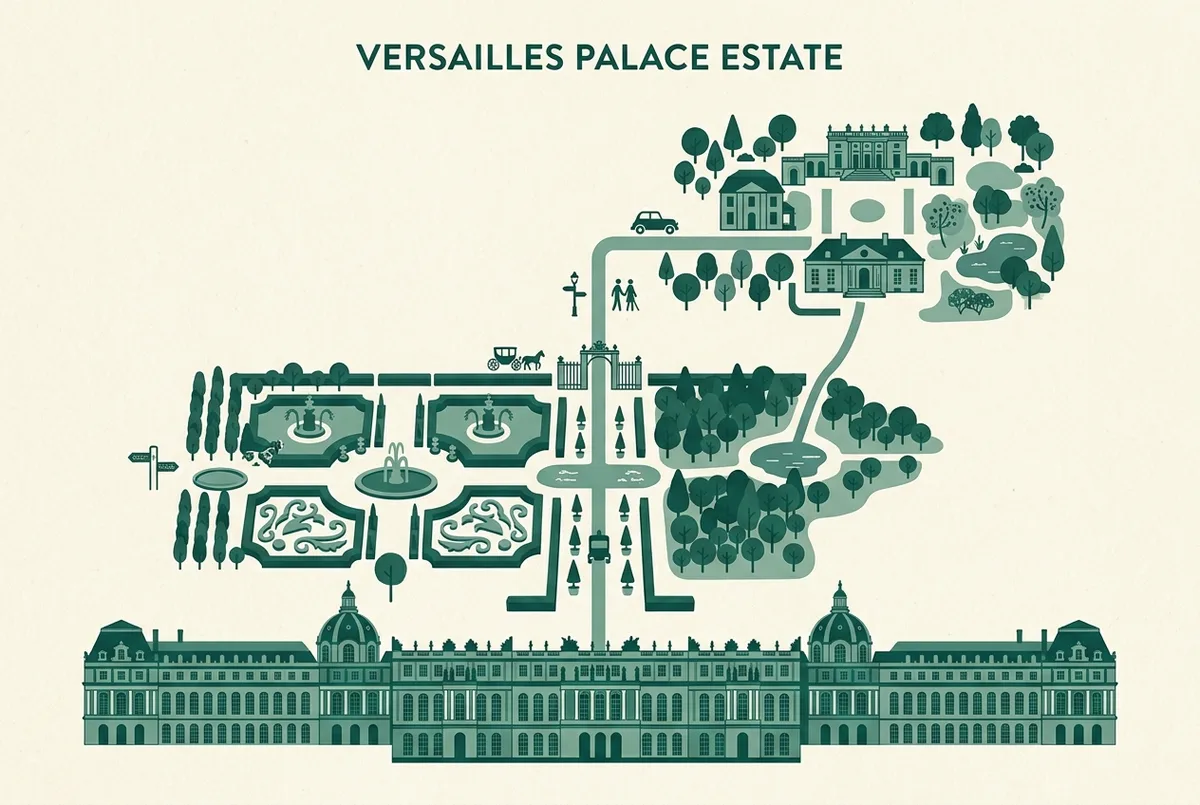Prosta mapa w stylu infografiki pokazująca trasę między Pałacem Wersalskim, ogrodami i Trianon