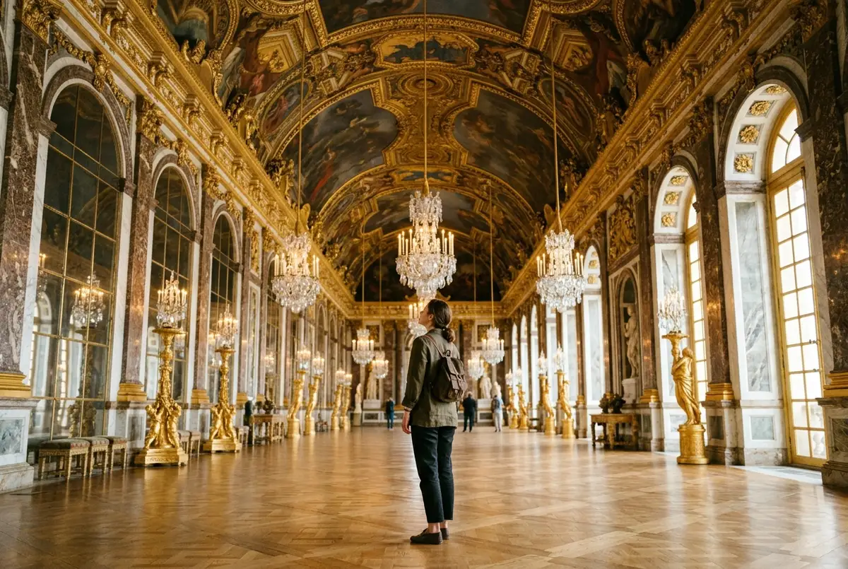 Visiteurs émerveillés contemplant la galerie des Glaces du château de Versailles, miroirs et dorures, lumière douce de fin d'après midi, ambiance impressionnante