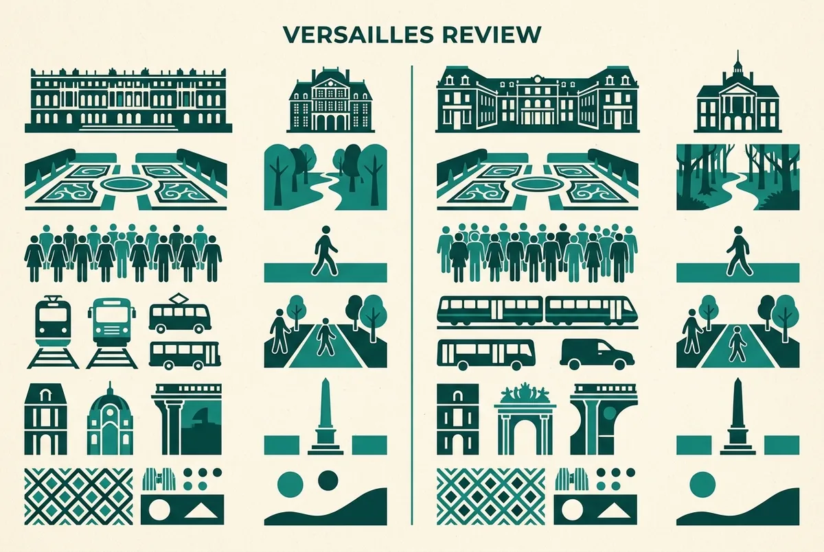 Infographie simple opposant les points forts et les points faibles d'une visite du château de Versailles, icônes génériques pour galerie, jardin et file d'attente, style minimaliste plat, aucun texte hormis des étiquettes génériques