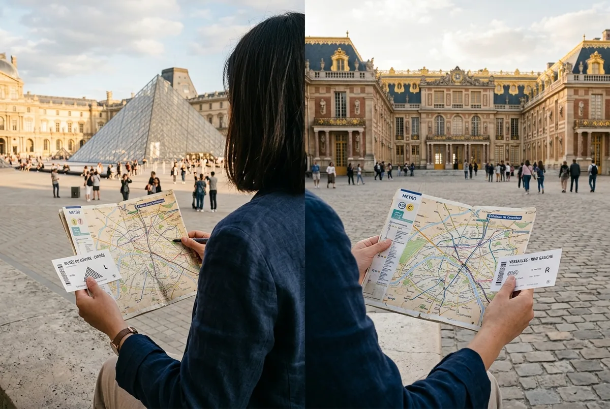 Reisender vergleicht louvre versailles tickets auf dem Smartphone, im Hintergrund unscharf die Pyramide des Louvre am Nachmittag