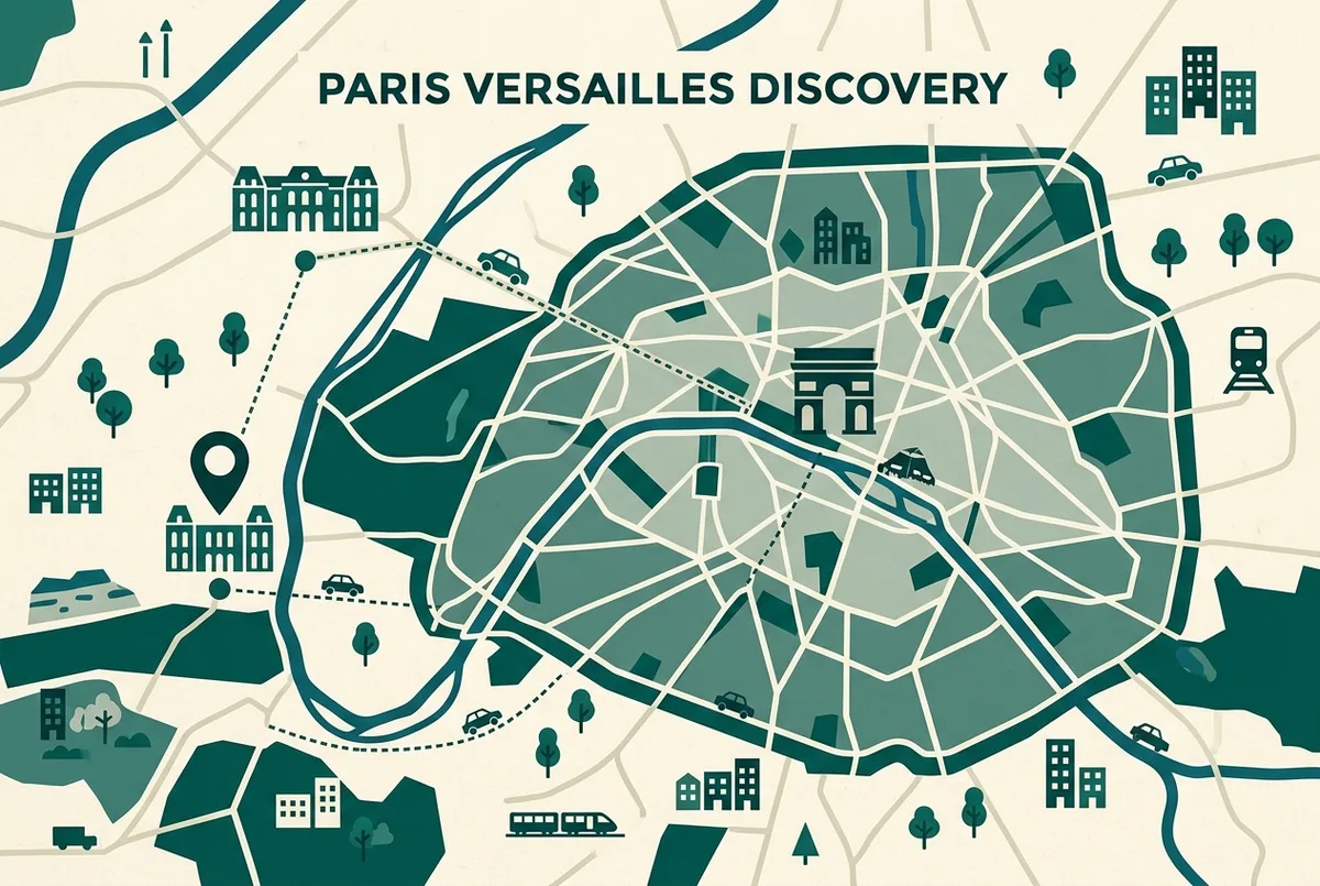 Einfache Stadtkarte im Infografik-Stil mit zwei Punkten für Louvre und Schloss Versailles und einer gestrichelten Linie dazwischen, generisches Zug- und Autosymbol auf der Linie, flaches minimalistisches Design, keine Zeiten oder Preise im Bild, louvre versailles tickets Entfernung