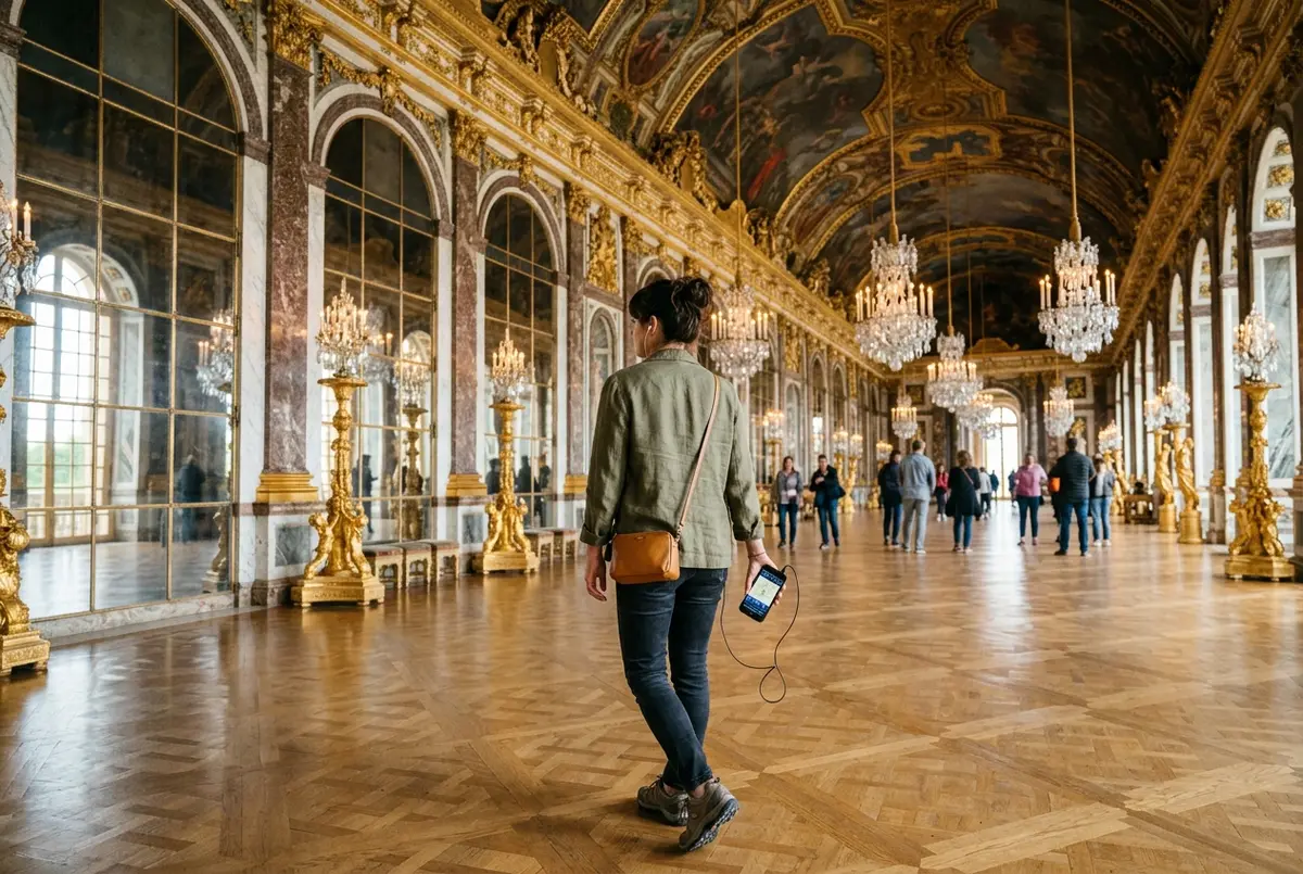 Besucherin mit Kopfhörern und Smartphone folgt dem schloss versailles audioguide im Spiegelsaal am frühen Vormittag