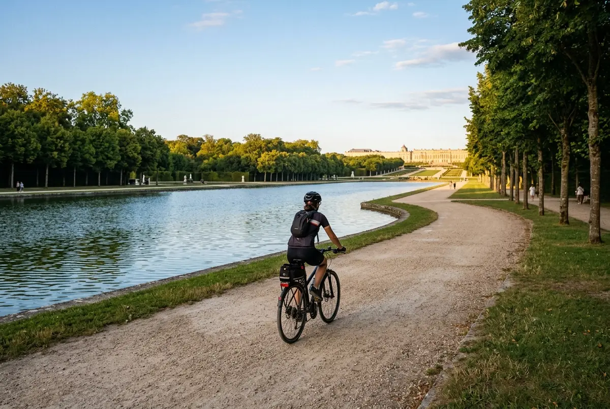 Cycliste pédalant le long du Grand Canal du château de Versailles, allée gravillonnée bordée d'arbres, lumière d'après midi, aucun texte visible