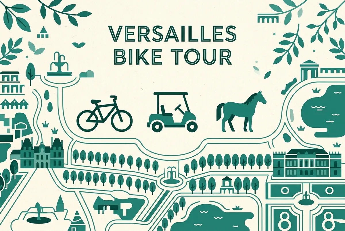 Carte schématique simple du domaine de Versailles montrant le château, le Grand Canal, le Petit Trianon et le Grand Trianon reliés par un itinéraire à vélo, pictogrammes génériques, style plat minimaliste, aucun texte hormis des étiquettes génériques de lieux