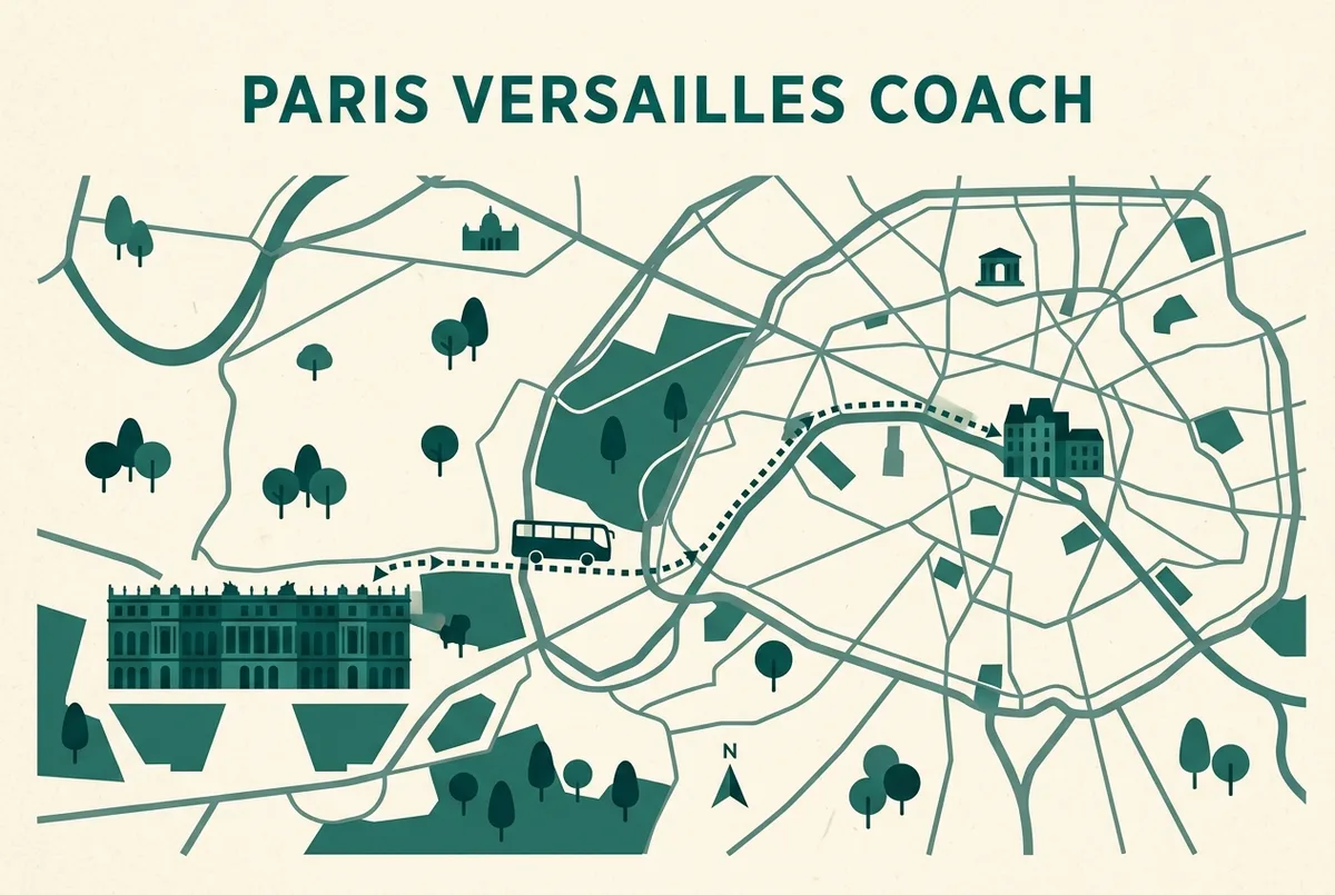 Simple flat infographic map showing a coach route line from a central Paris meeting point to the Palace of Versailles, generic landmark labels only, minimalist style, bus tour to versailles from paris route map