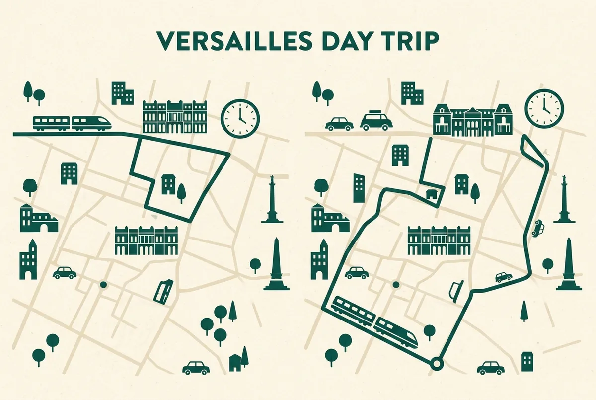 Mapa sencillo tipo infografía con la ruta entre el centro de París y el Palacio de Versalles, iconos genéricos de tren, autobús y coche señalando cada trayecto, estilo plano, sin texto salvo etiquetas genéricas, excursión a Versalles desde París