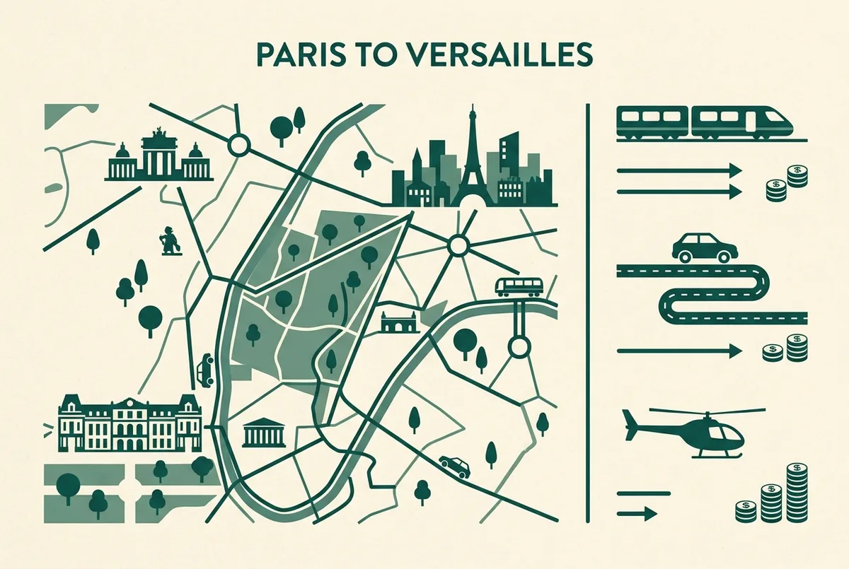 Simple flat infographic comparing travel time and cost across train, car and helicopter transport options from Paris to Versailles, generic icons only, minimalist style, versailles helicopter tour from paris comparison