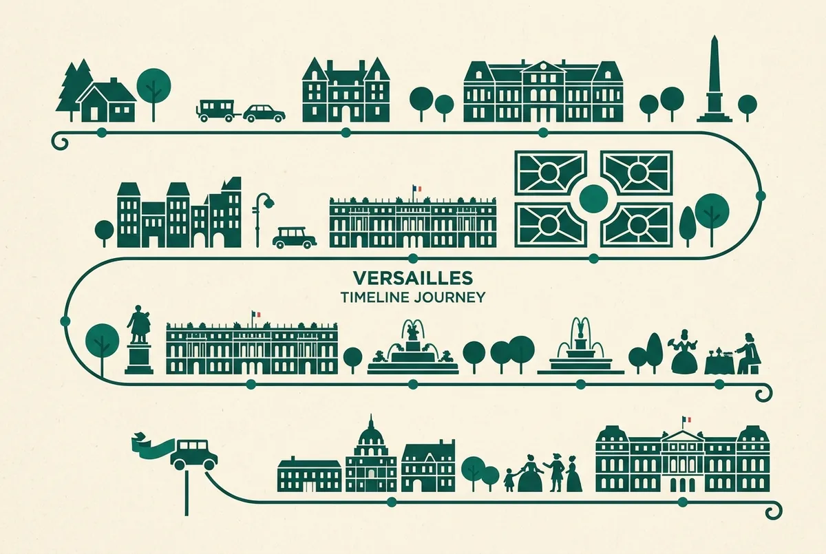 Infografía sencilla de línea de tiempo con los hitos principales de la historia del Palacio de Versalles, de pabellón de caza a sede de la corte francesa, estilo plano minimalista, solo etiquetas genéricas de fechas y nombres, cronología palacio de versalles