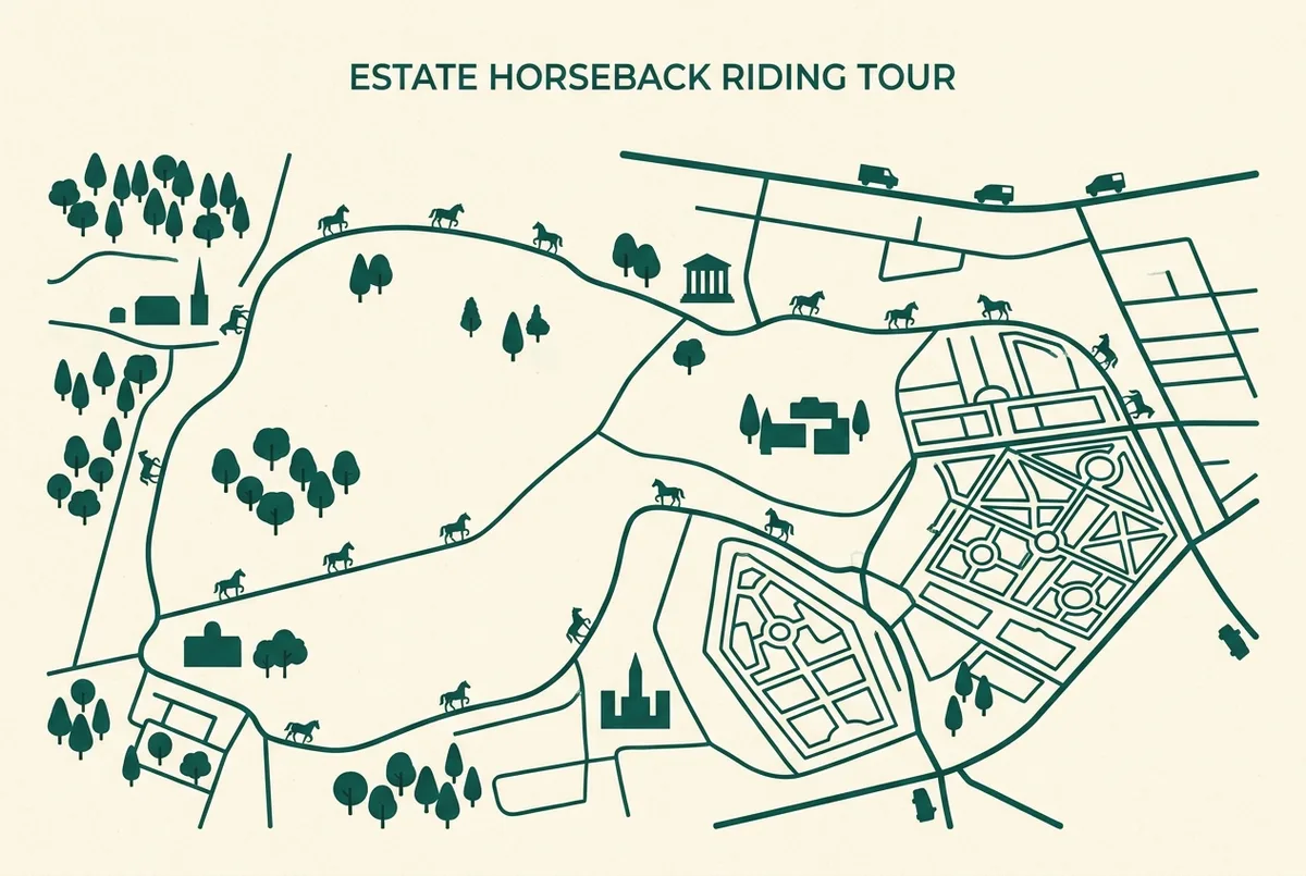 Simple map-style infographic showing a horse-icon route through open parkland near a garden outline, flat minimalist style, generic labels only, versailles horseback riding tour route concept