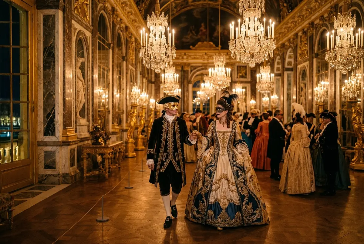 Elegant par i historisk maskeradklänning och guldmask promenerar genom ett upplyst galleri vid Versailles maskeradbal, varmt ljus från kristallkronor