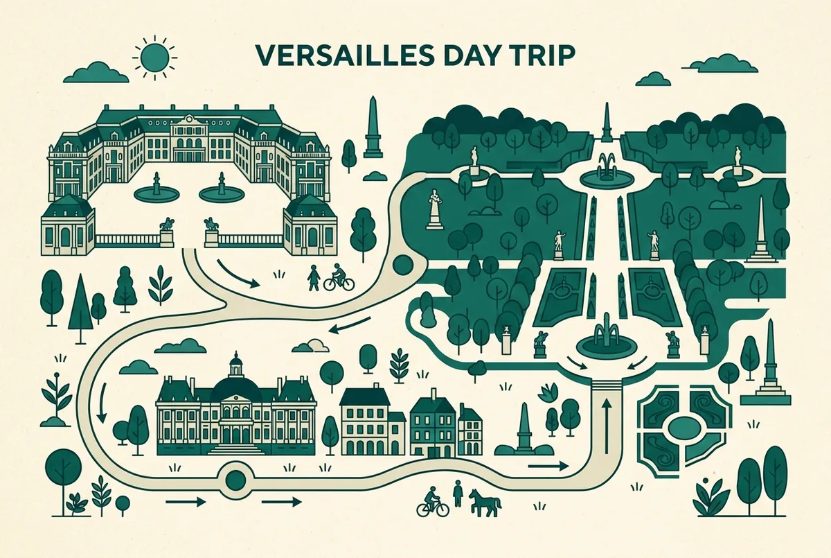 Enkel karta som visar rutten från Versailles slotts huvudentré via trädgårdarna till Grand Trianon, Petit Trianon och Hameau de la Reine för en dag i Versailles, generiska ikoner för gångväg och tidsangivelser, platt minimalistisk stil, ingen text förutom generiska etiketter
