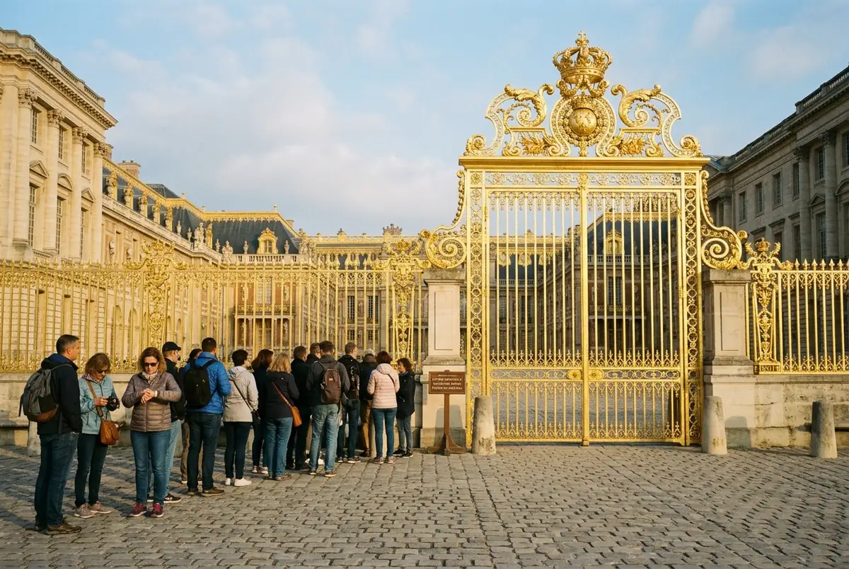 Reloj exterior de la fachada del Palacio de Versalles con las verjas doradas abriéndose a primera hora de la mañana, luz suave