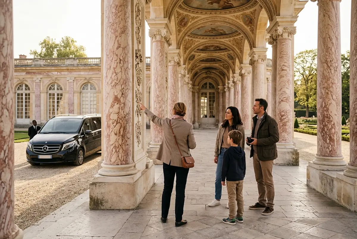 Visite guidée privée du château de Versailles : chauffeur ouvrant la porte d'une Mercedes noire pour des voyageurs devant les grilles dorées, guide à leurs côtés, lumière douce de fin de matinée