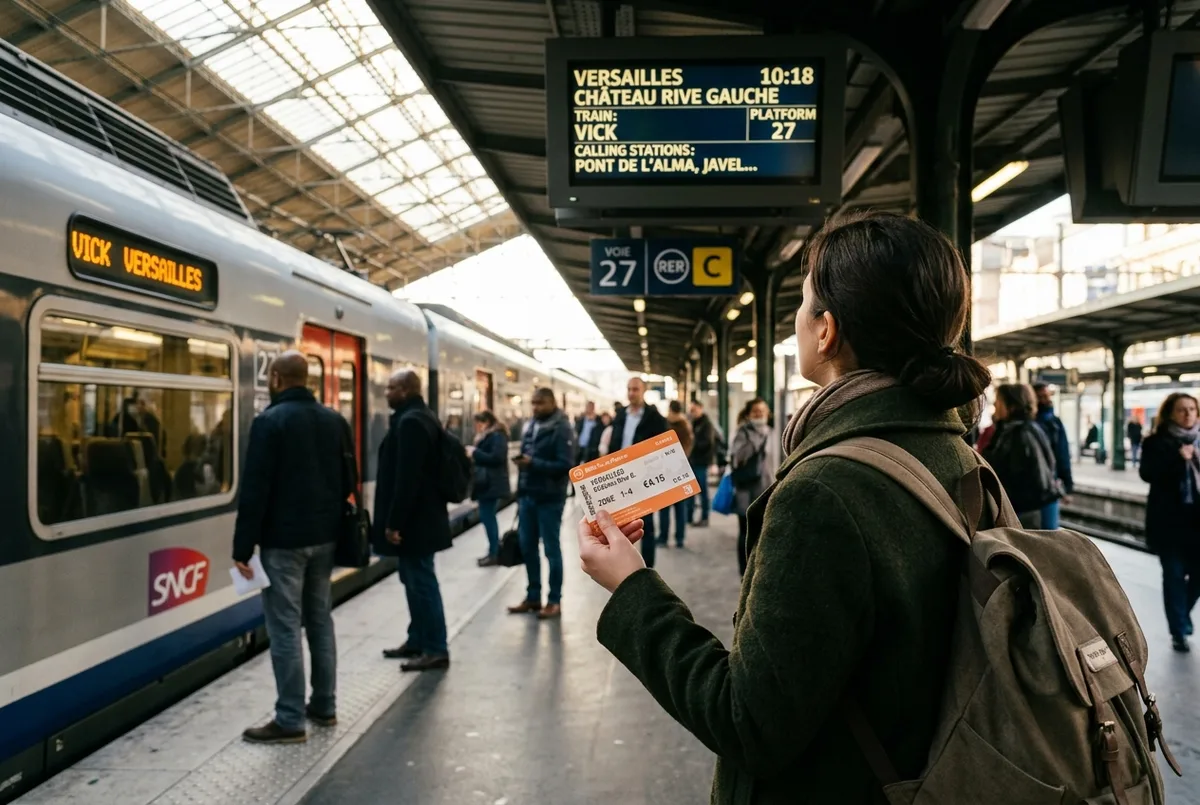 Voyageur validant son ticket Navigo au portillon d'accès du RER C dans une gare parisienne, écran de quai affichant la direction Versailles