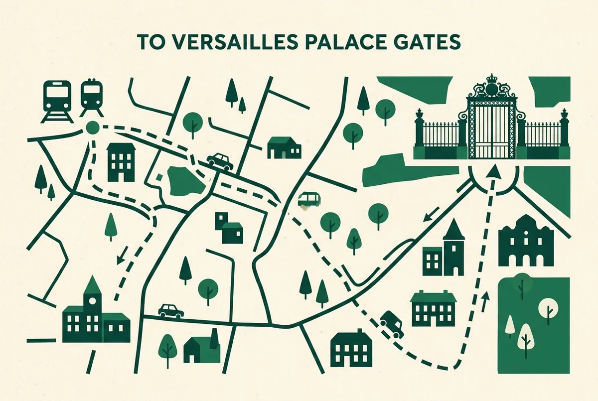 Carte schématique simple de la ligne RER C entre le centre de Paris et la gare Versailles Château Rive Gauche, pictogrammes génériques de train et de château, style plat minimaliste, aucun texte hormis des étiquettes génériques de lieux