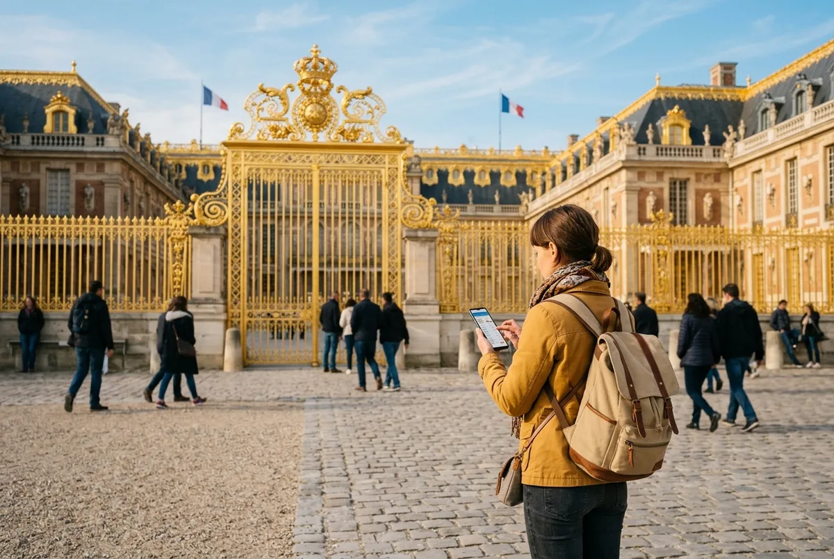 Rejsende sammenligner ticket versailles priser på sin telefon foran slottets forgyldte port i det tidlige morgenlys