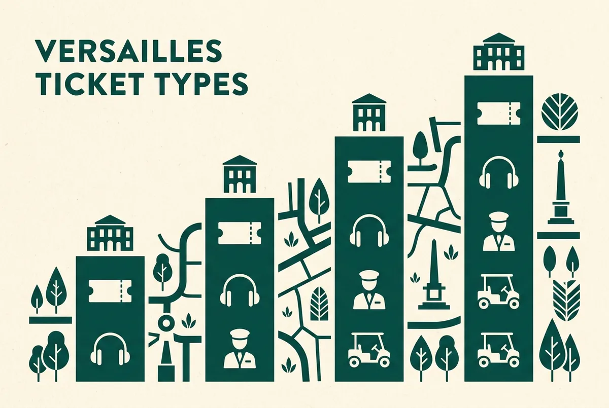 Enkel infografik med stigende søjler, der viser fire billettype niveauer til Versailles, generiske ikoner for en billet, høretelefoner, en guide figur og en golfvogn, fladt minimalistisk design, ingen priser eller tal i billedet, ticket versailles sammenligning