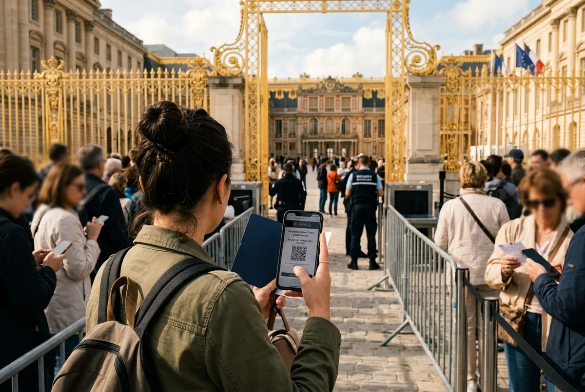 Voyageur vérifiant une confirmation de créneau horaire pour le château de Versailles sur son téléphone en faisant la queue au contrôle de sécurité, Place d'Armes en lumière de début de matinée