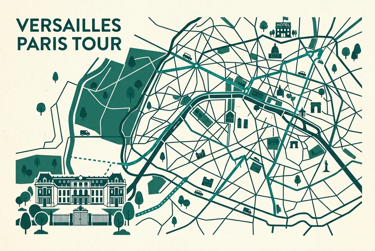Simple flat infographic map showing a car route from a central Paris hotel directly to the Palace of Versailles gate, generic landmark labels only, minimalist style, versailles tour from paris with hotel pickup route