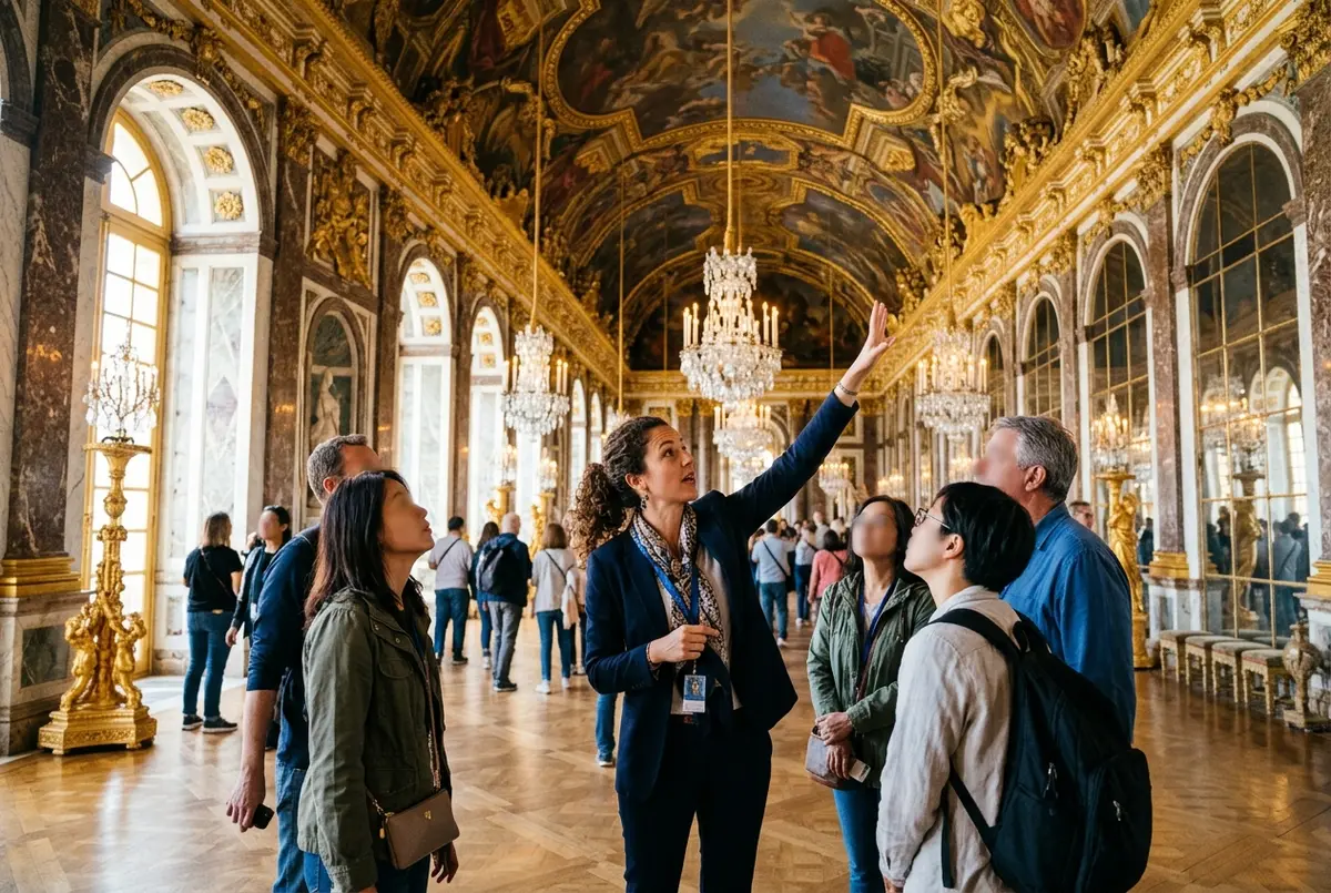 Guía explicando la Galería de los Espejos del Palacio de Versalles a un pequeño grupo de turistas hispanohablantes, luz cálida de interior