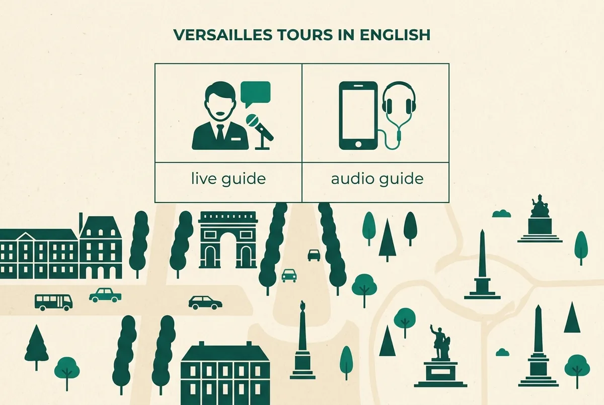 Infografía sencilla comparando tres formas de entender la visita a Versalles en español: icono de auriculares para audioguía, icono de persona para guía en vivo e icono de pantalla para app, estilo plano, sin texto salvo etiquetas genéricas
