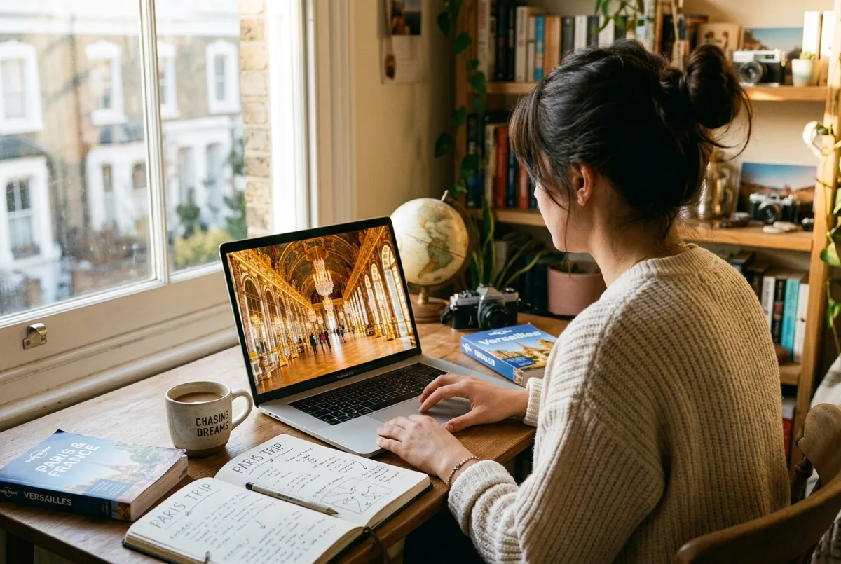 Reisende sitzt zuhause am Laptop und betrachtet ein virtuelles 360 Grad Panorama des Spiegelsaals von Schloss Versailles, schloss versailles virtuelle tour Stimmung