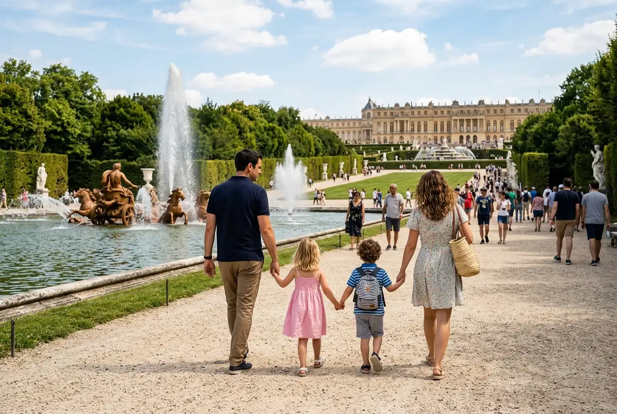 Eltern gehen mit einem kleinen Kind an der Hand durch die weiten Kieswege der Gärten von Schloss Versailles an einem sonnigen Nachmittag, schloss versailles mit kindern Stimmung