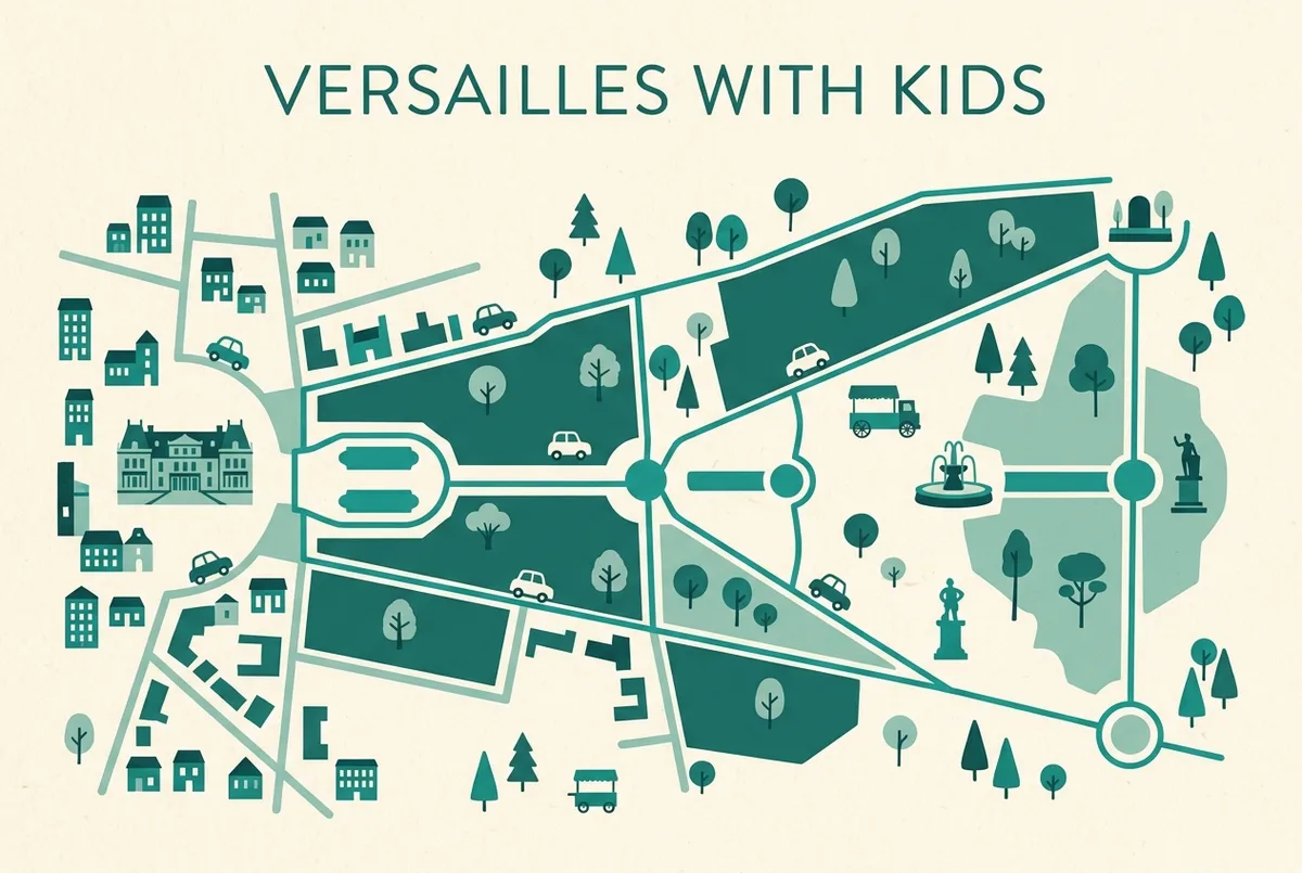 Einfache Routenkarte im Infografik-Stil mit Schloss, Garten und einer markierten kinderfreundlichen Pausenzone, generische Symbole für Spielbereich und Picknick, flaches minimalistisches Design, keine Preise oder Zahlen im Bild, schloss versailles mit kindern Familienroute