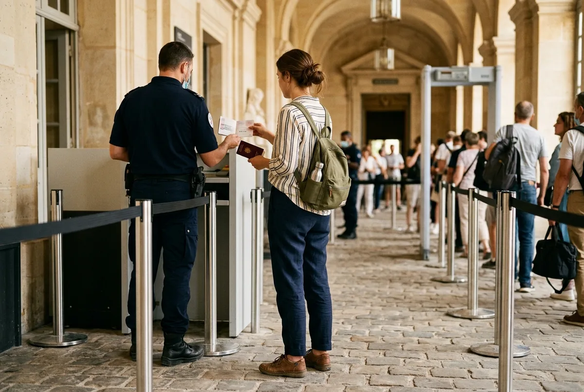 Viaggiatore con scarpe comode e una piccola borsa a tracolla che mostra il biglietto digitale al controllo di sicurezza davanti ai cancelli della Reggia di Versailles, cosa portare alla reggia di versailles controlli ingresso
