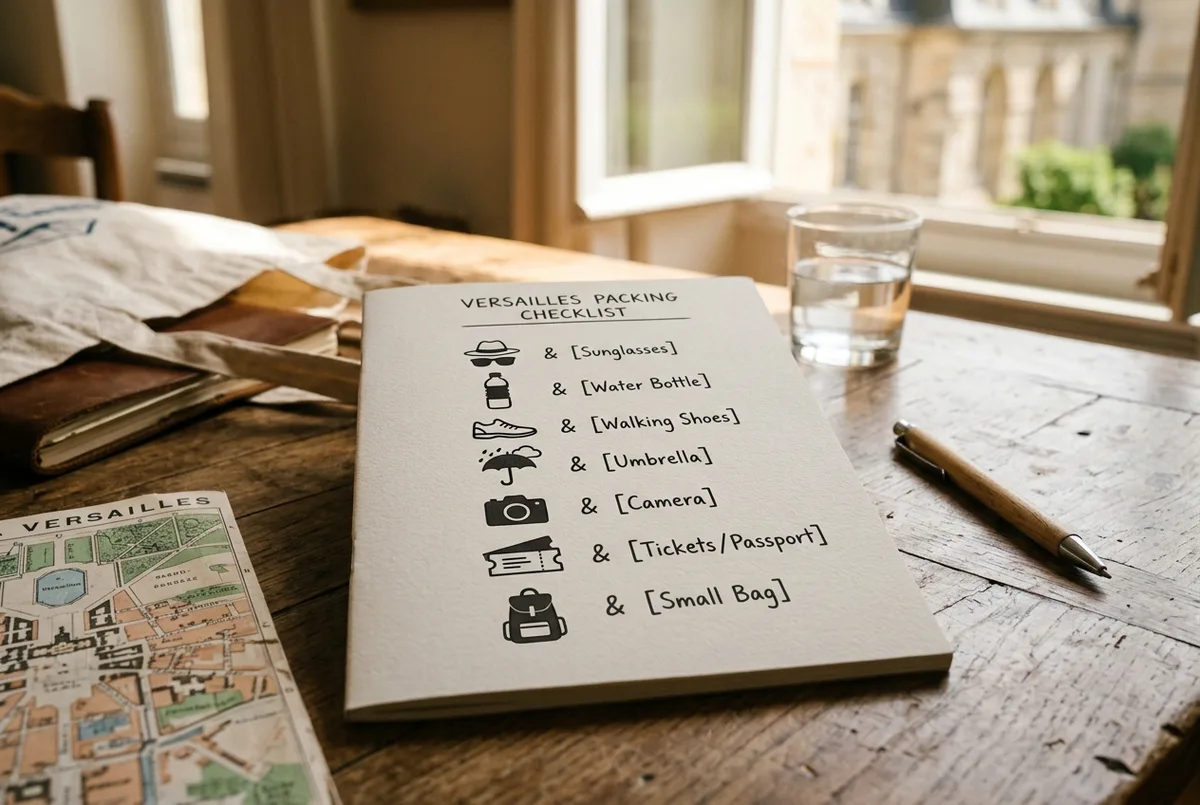 Infografica piatta con icone generiche che mostrano una borsa piccola ammessa con un segno di spunta e una valigia grande con un segno di divieto, stile minimalista senza testo con prezzi o numeri, cosa portare alla reggia di versailles oggetti ammessi e non ammessi